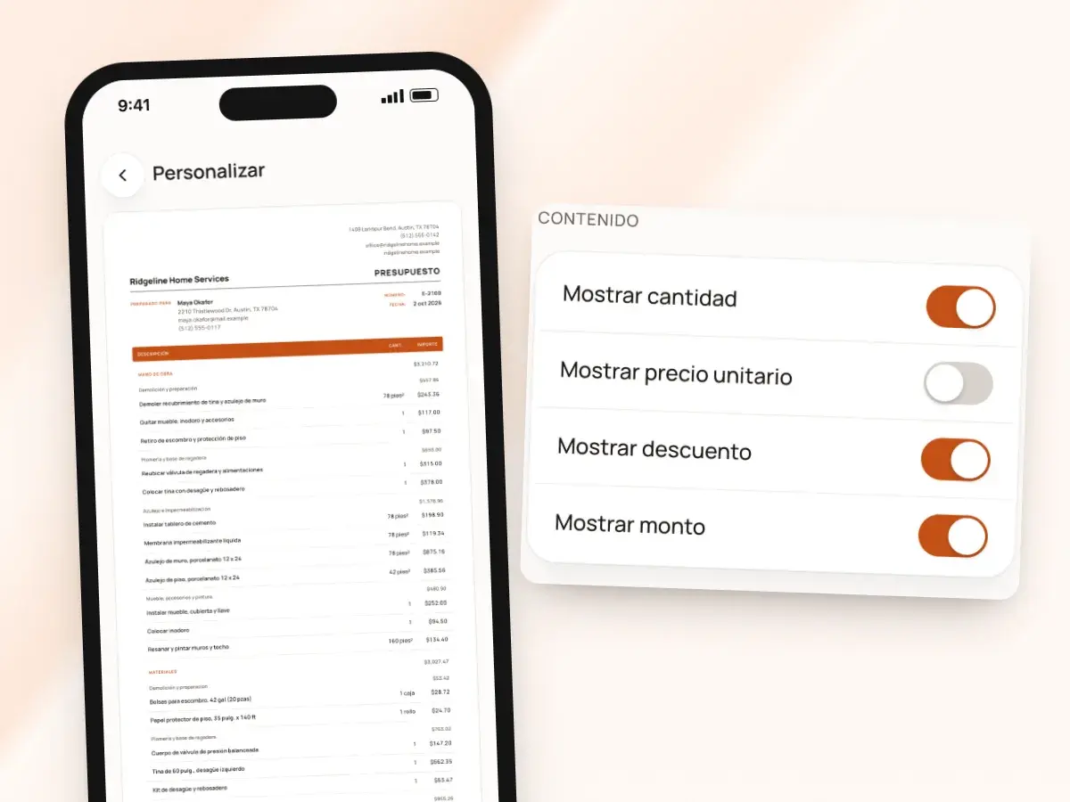 Los interruptores de contenido en Personalizar: mostrar cantidad, precio unitario, descuento y monto