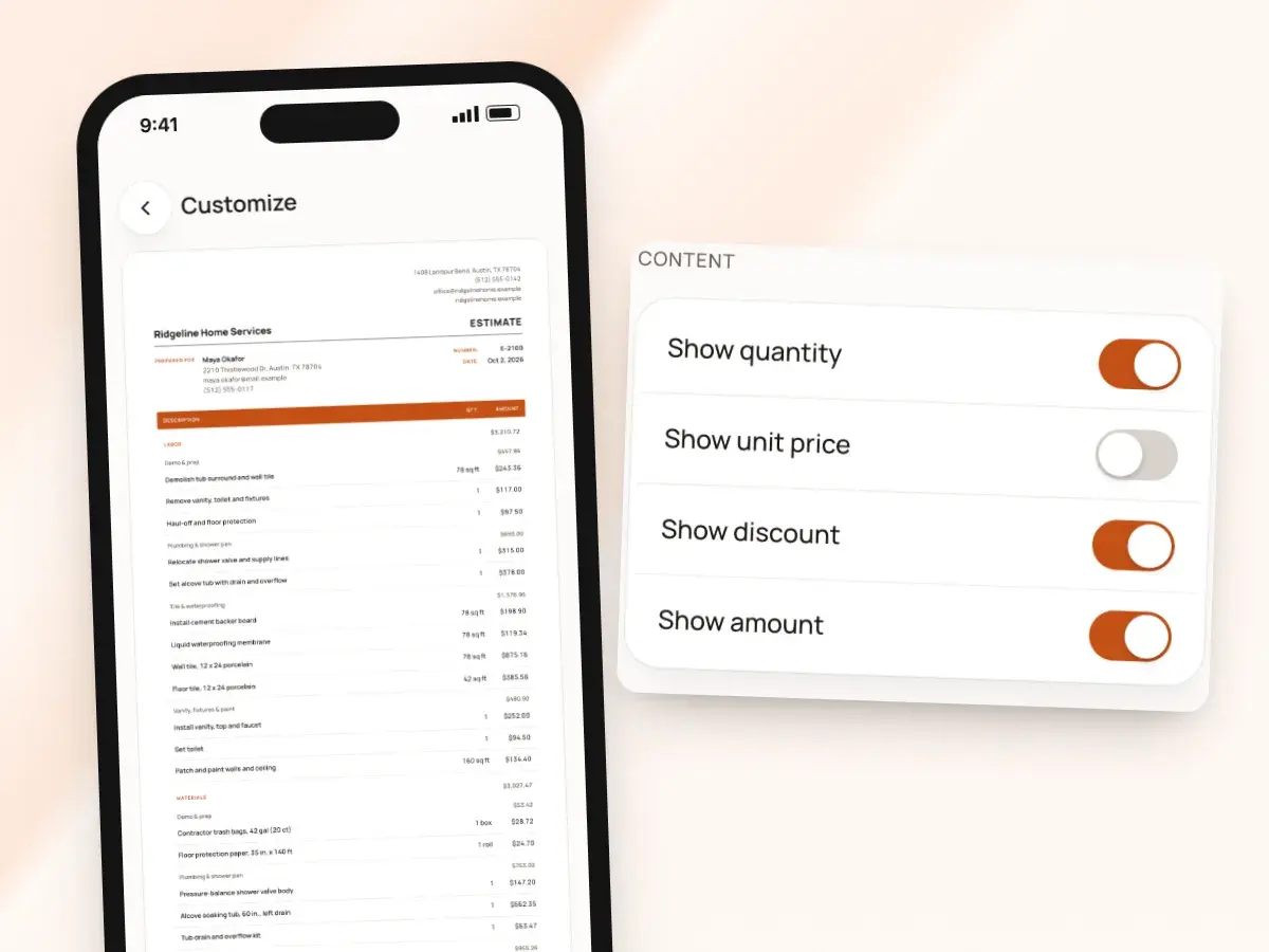 The content switches in Customize: show quantity, unit price, discount and amount