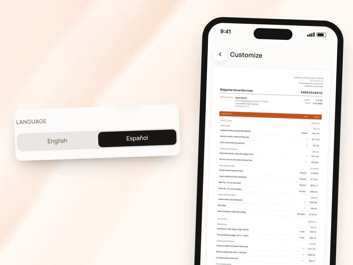 Customize with the document language set to Español, beside the account’s currency
