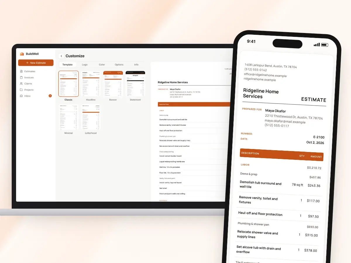 Customize in the web app on a laptop, and the same design on the client’s phone