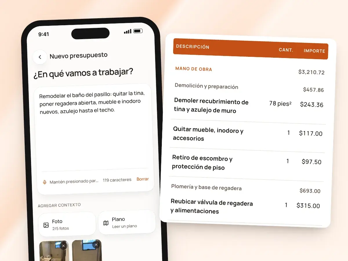 Un trabajo descrito en la pantalla de presupuesto nuevo con dos fotos de la obra, junto a las partidas con precio del presupuesto agrupadas por etapa