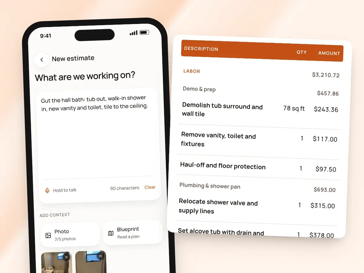 A job described on the new estimate screen with two jobsite photos, beside the estimate’s priced lines grouped by job step