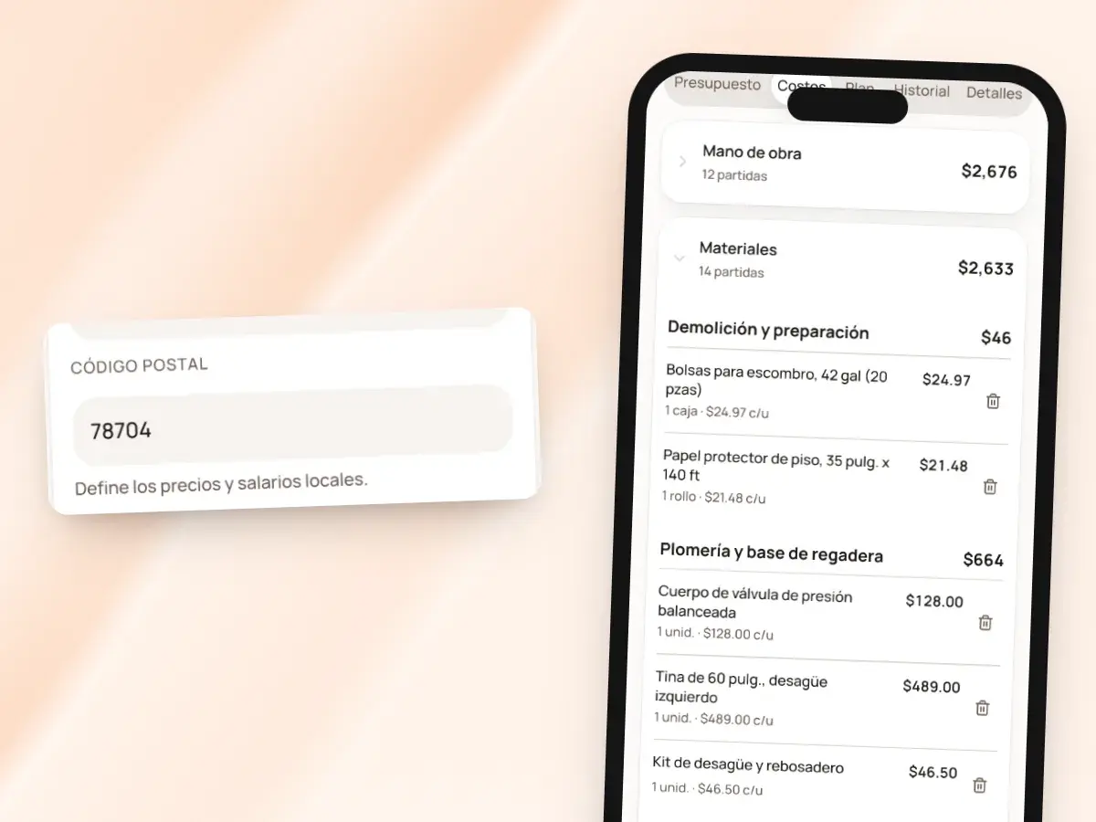 Los materiales de un presupuesto y sus precios en un teléfono, y el código postal del negocio que define los precios y salarios locales