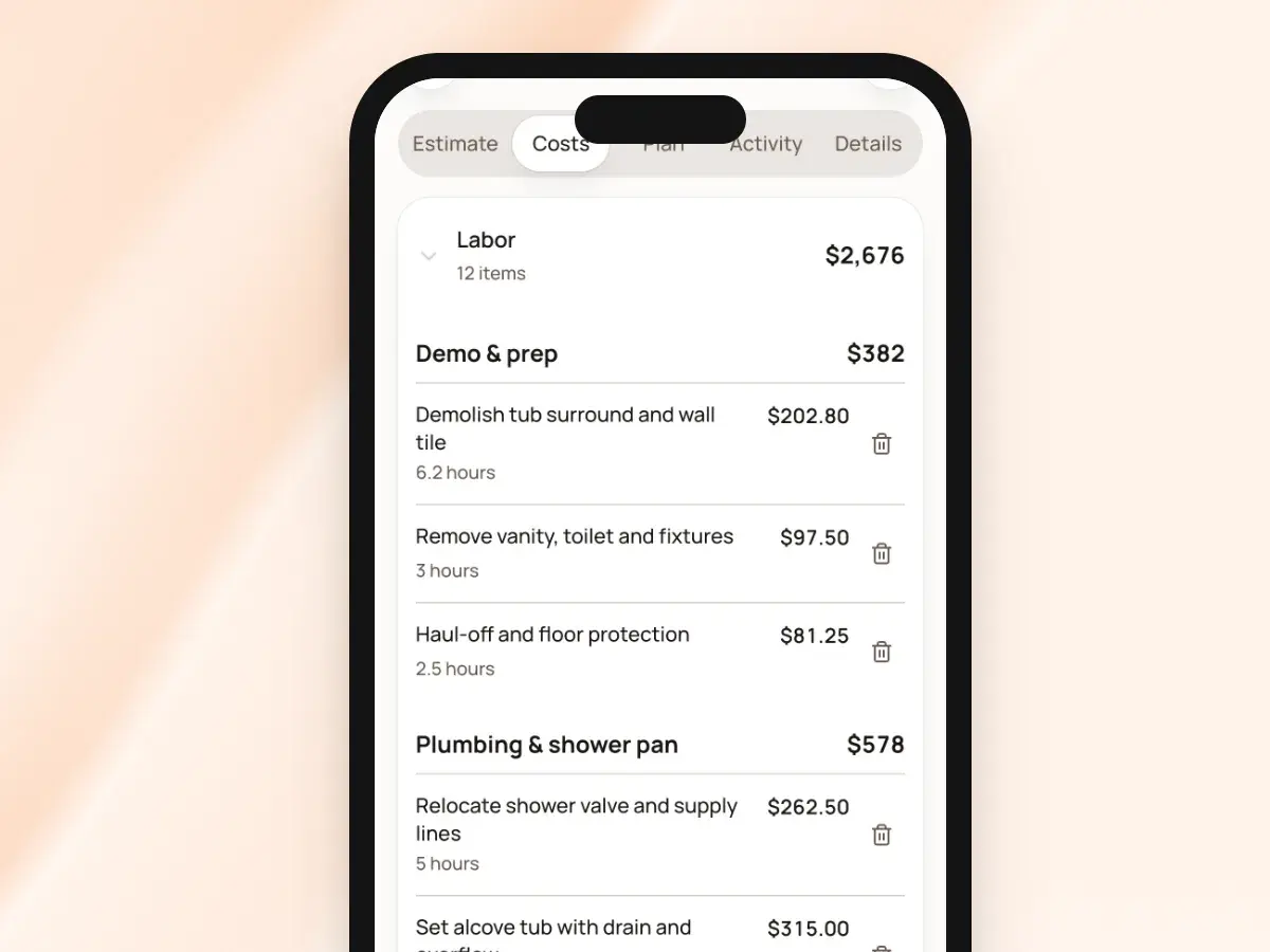 An estimate’s labor lines on a phone, grouped by job step: demo and prep, plumbing and shower pan, tile and waterproofing