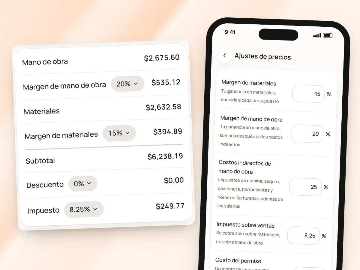 Ajustes de precios en un teléfono (margen de materiales, margen de mano de obra, costos indirectos, impuesto y permiso) junto a los márgenes, el descuento y el impuesto de un presupuesto