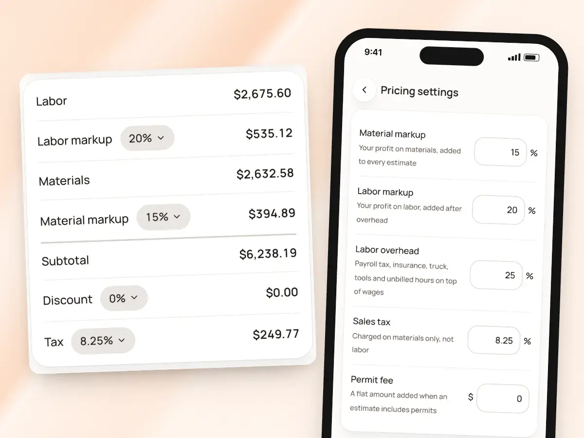 Pricing settings on a phone (material markup, labor markup, labor overhead, sales tax and permit fee) beside an estimate’s markups, discount and tax