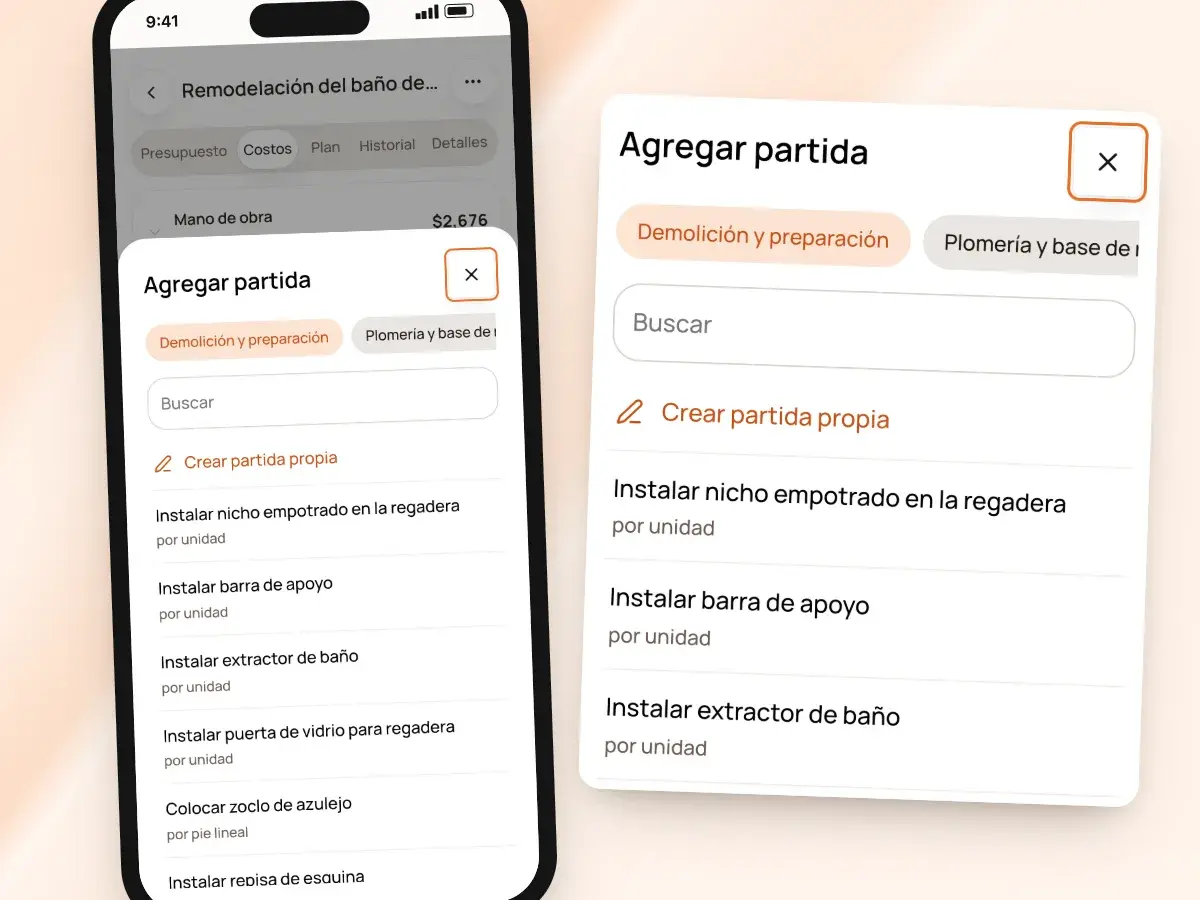 La hoja Agregar partida en un teléfono, con las etapas donde agregarla, la búsqueda en el catálogo y la opción de partida propia