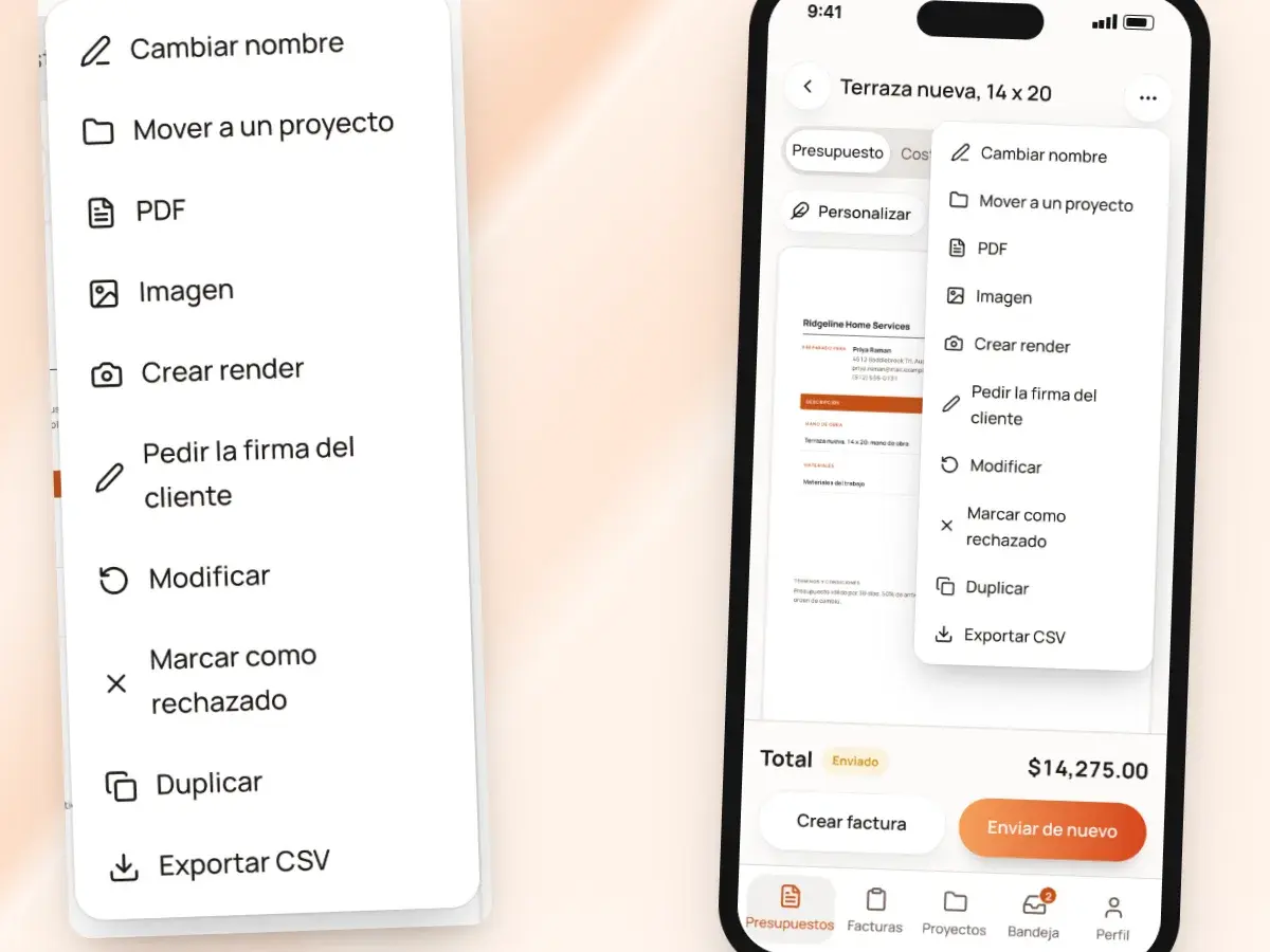 El menú de un presupuesto enviado en un teléfono con Modificar, junto a cambiar nombre, PDF, pedir la firma del cliente y duplicar