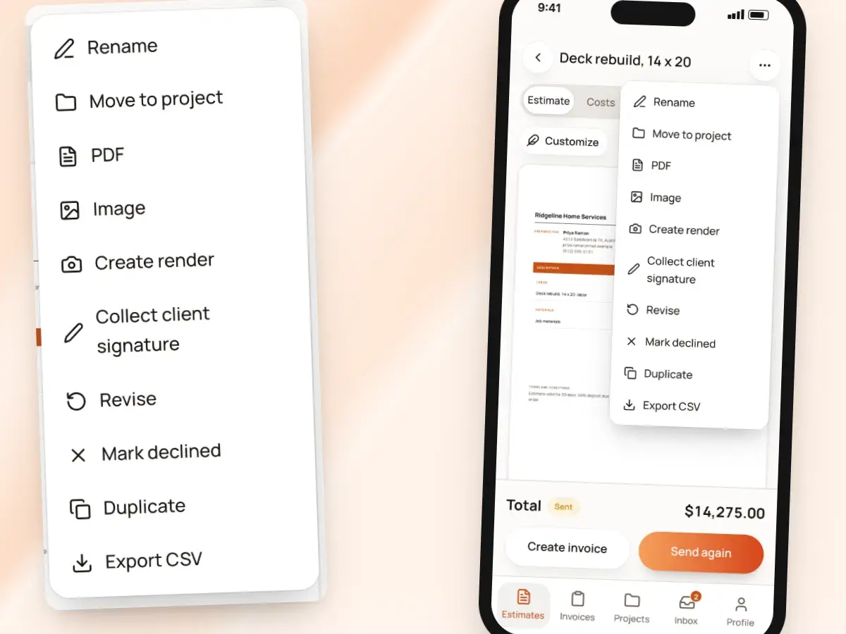 A sent estimate’s menu on a phone with Revise, next to rename, PDF, collect client signature and duplicate
