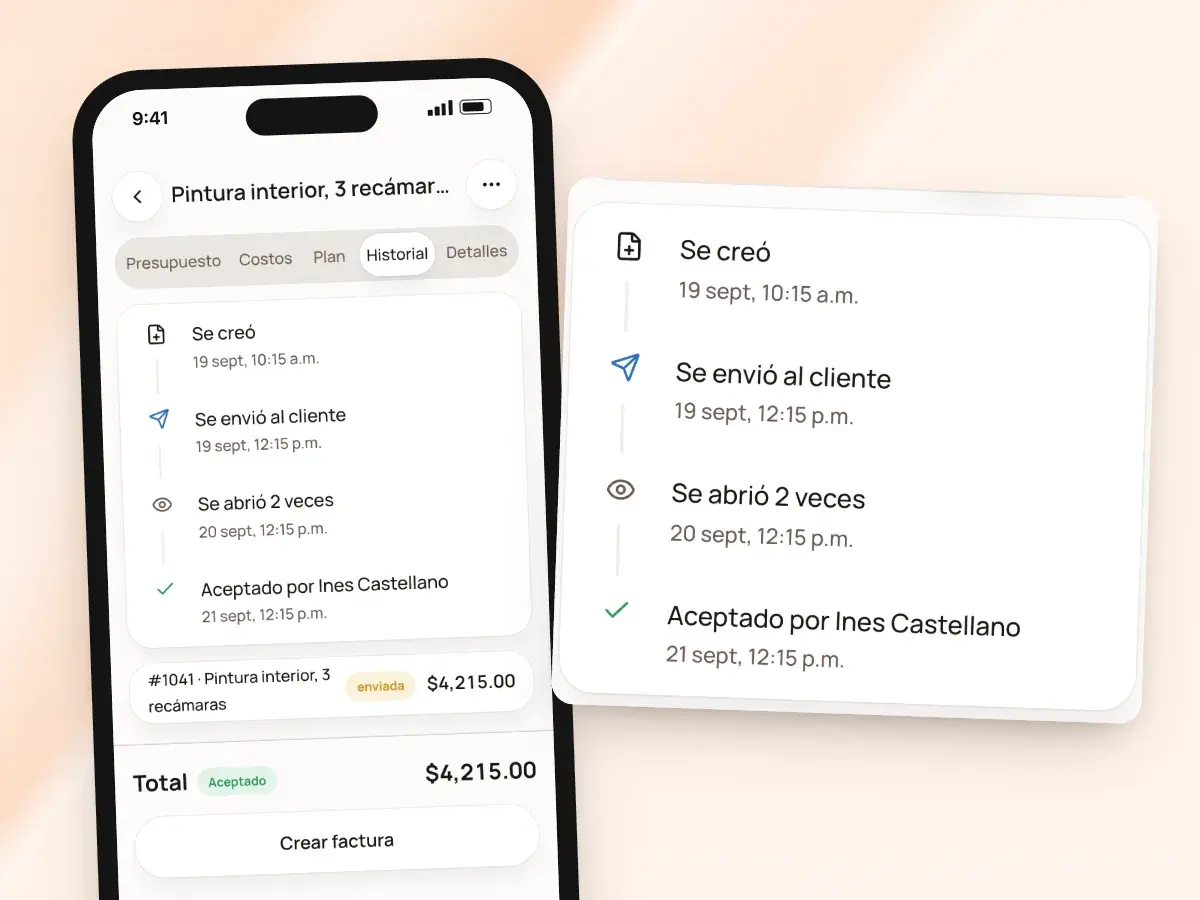 El historial de un presupuesto en un teléfono: creado, enviado a la clienta, abierto 2 veces y aceptado por ella