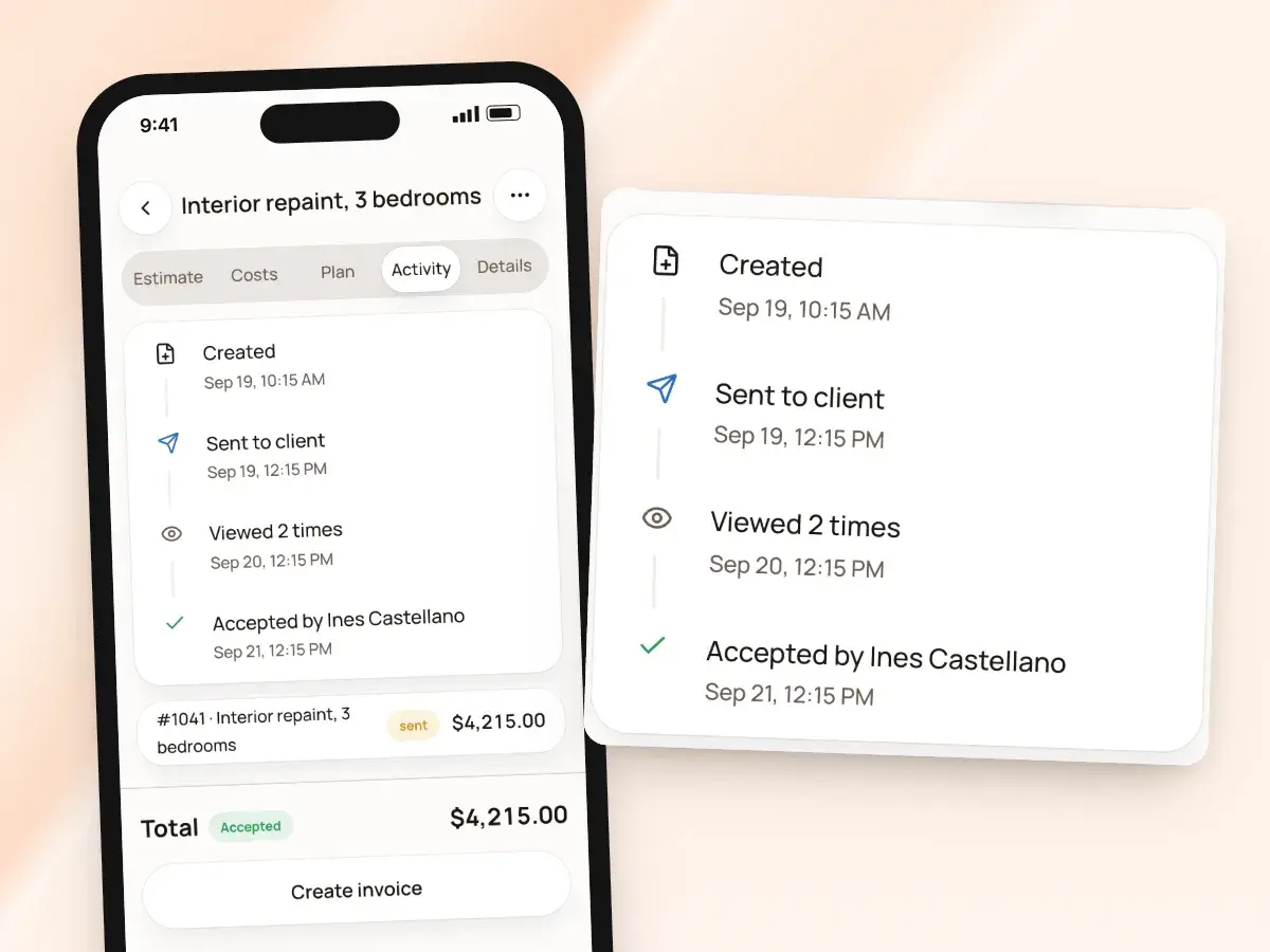 An estimate’s activity on a phone: created, sent to the client, viewed 2 times and accepted by the client