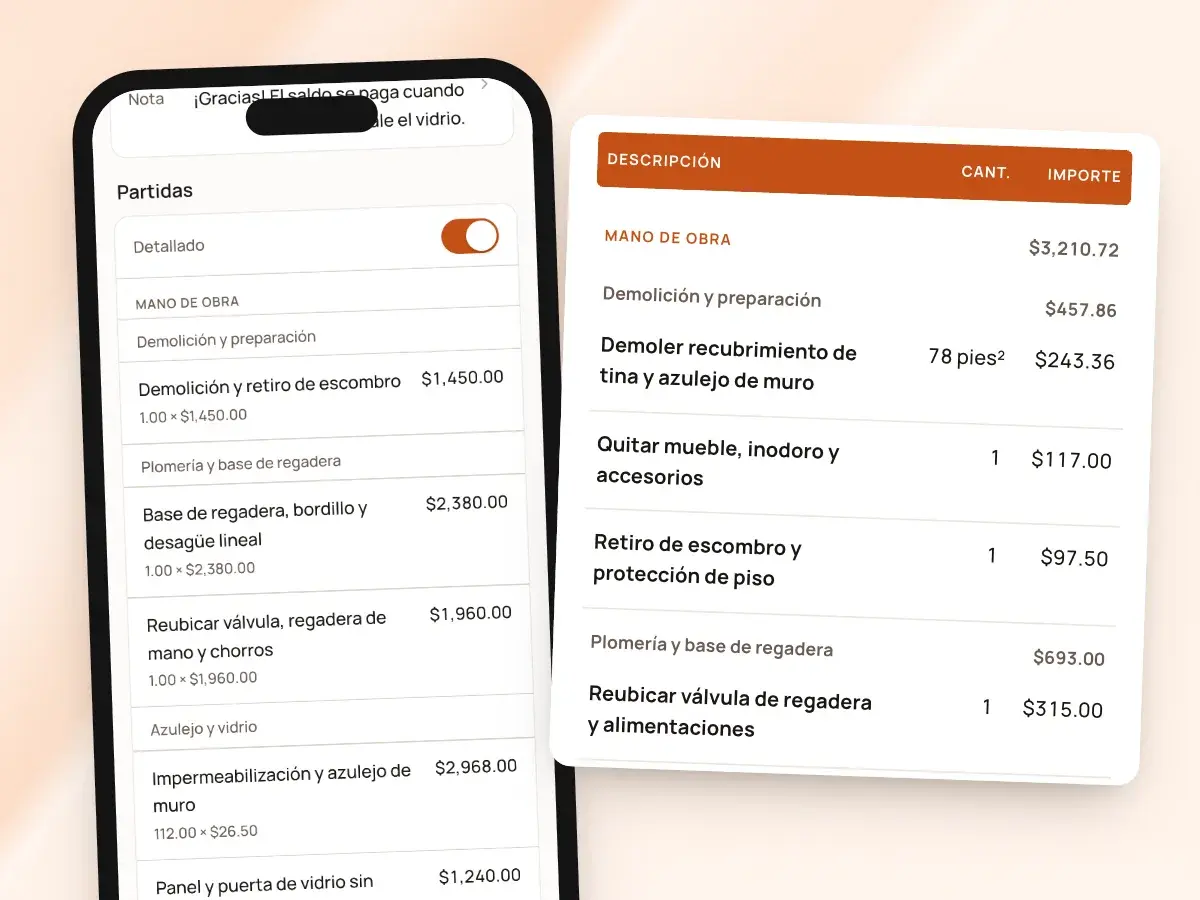 Las partidas de una factura en un teléfono, agrupadas por las mismas etapas que las partidas del presupuesto a su lado