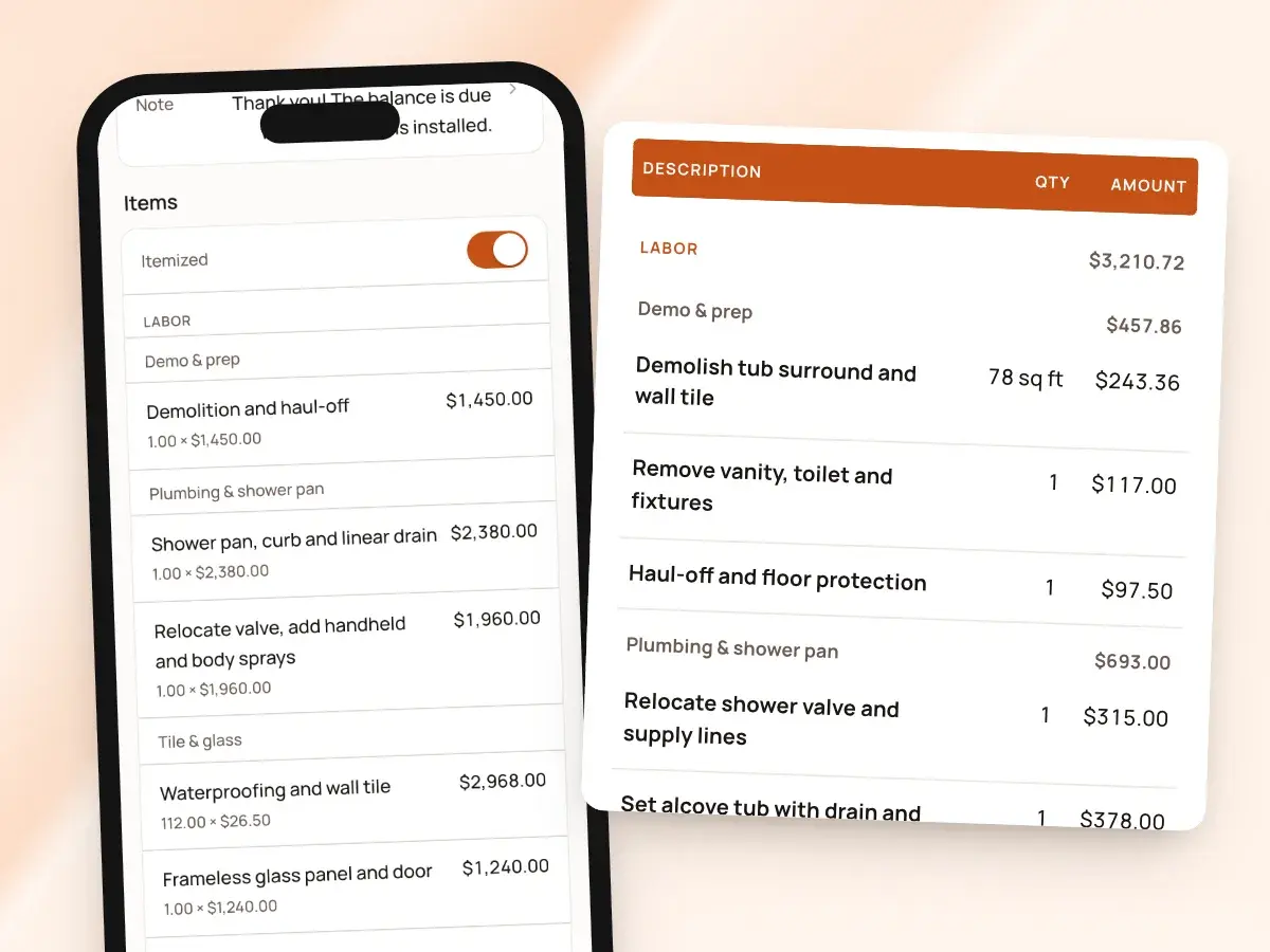 An invoice’s items on a phone, grouped by the same job steps as the estimate lines beside it