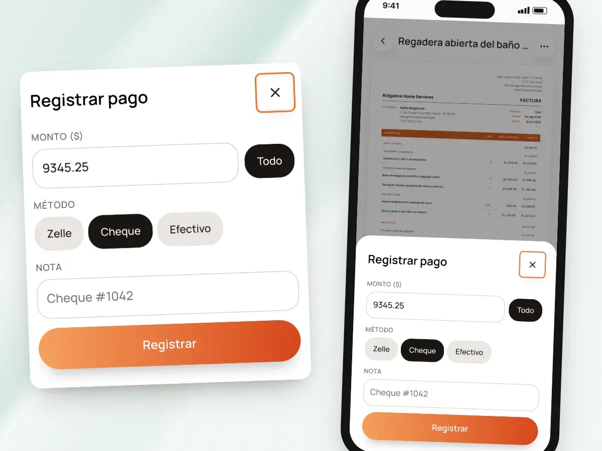 Registrando un pago con cheque en un teléfono: monto, método y nota