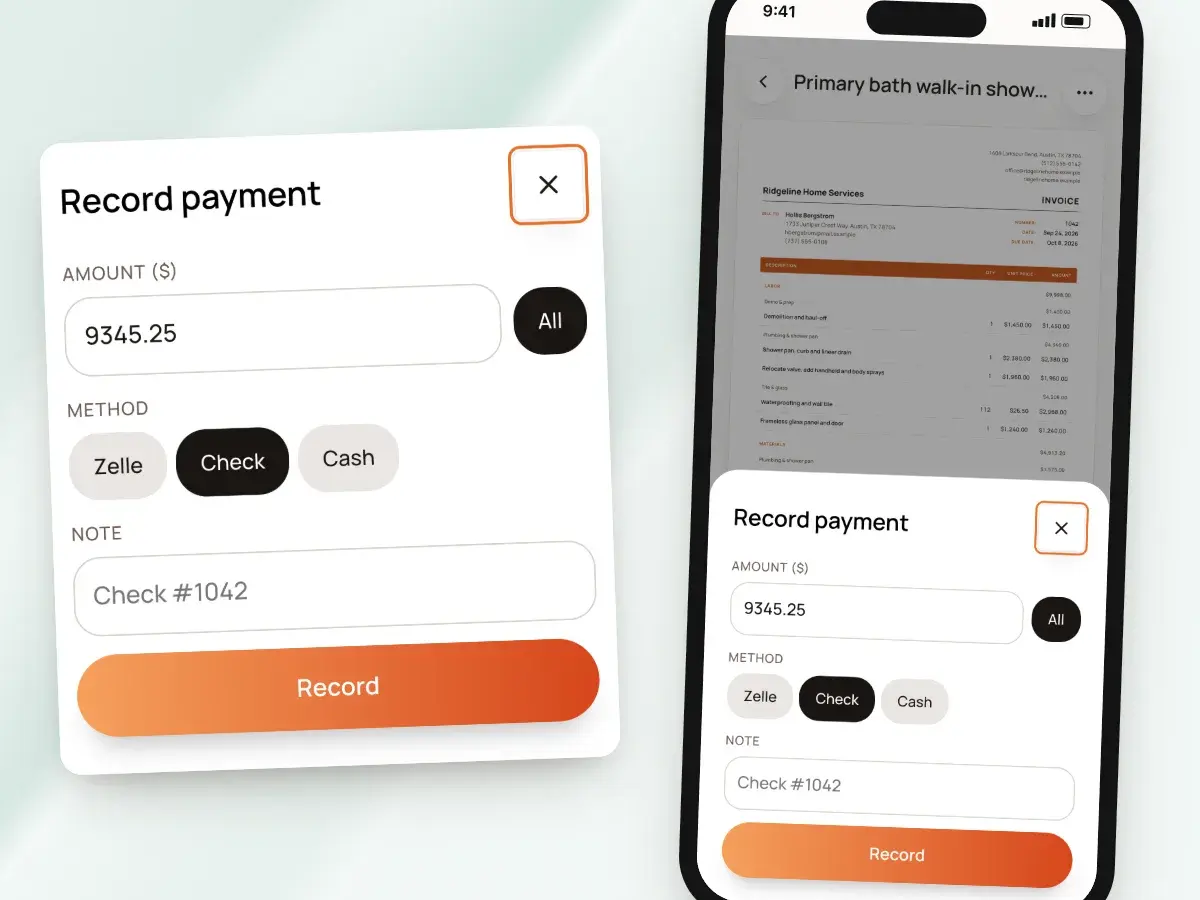 Recording a check payment on a phone: amount, method and note