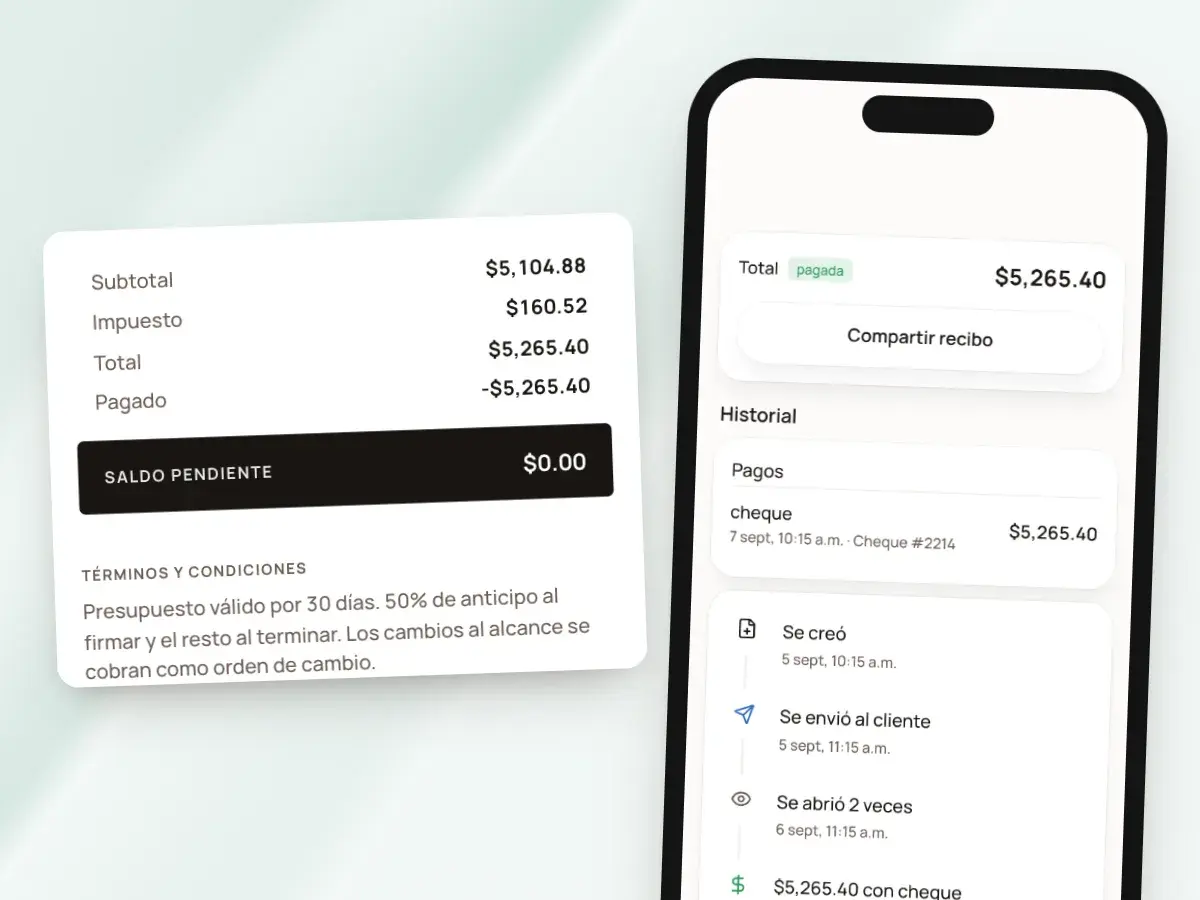 Una factura pagada con saldo pendiente de $0.00, junto al botón Compartir recibo en un teléfono
