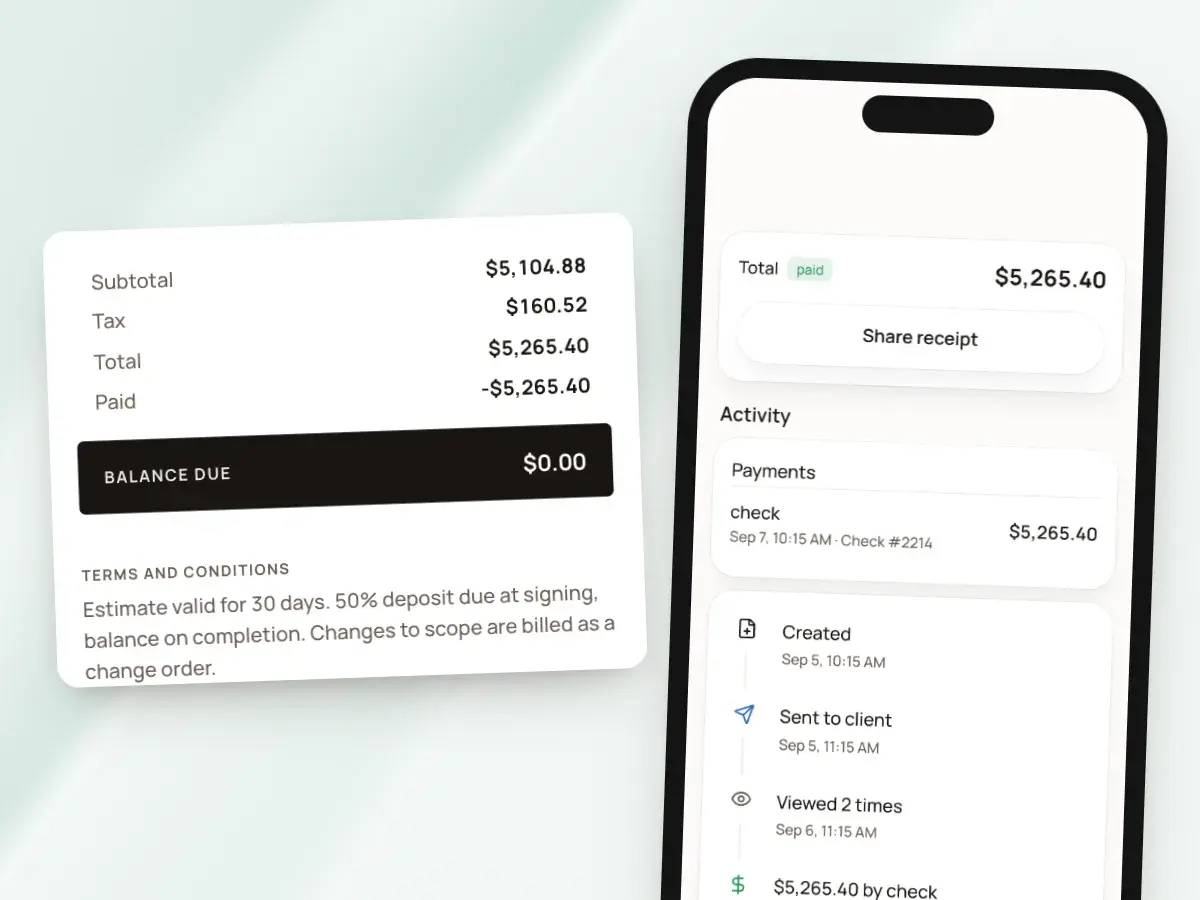 A paid invoice with a balance due of $0.00, beside the Share receipt button on a phone