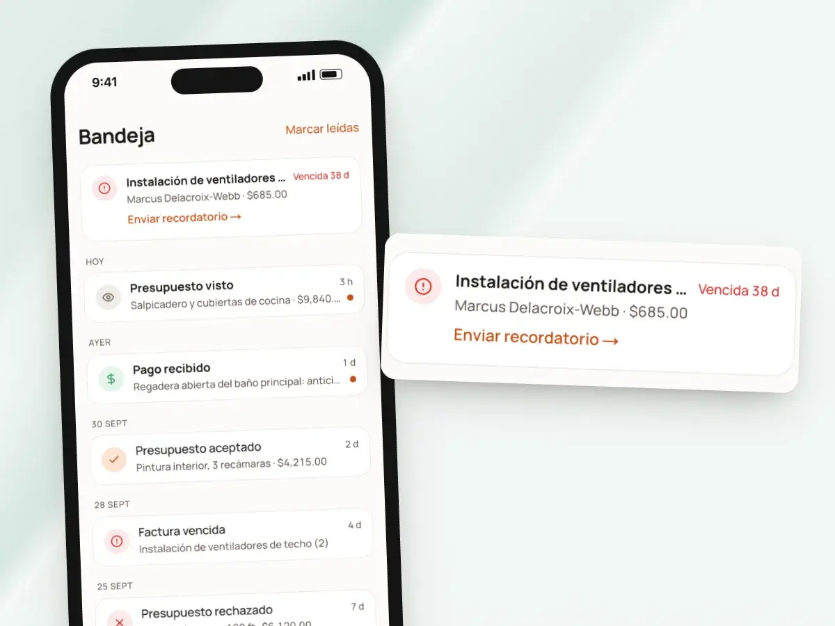 La bandeja en un teléfono con una factura vencida y su enlace Enviar recordatorio