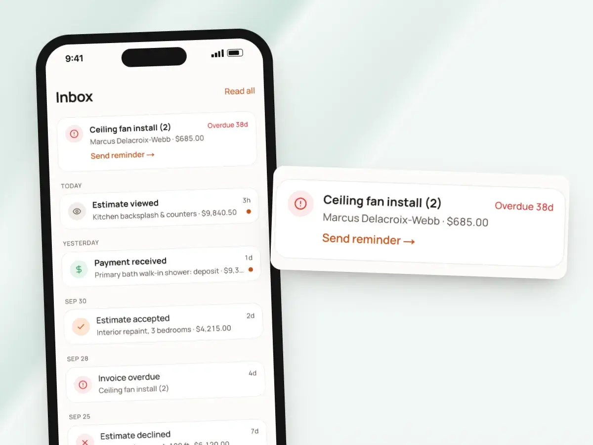 The inbox on a phone with an overdue invoice and its Send reminder link