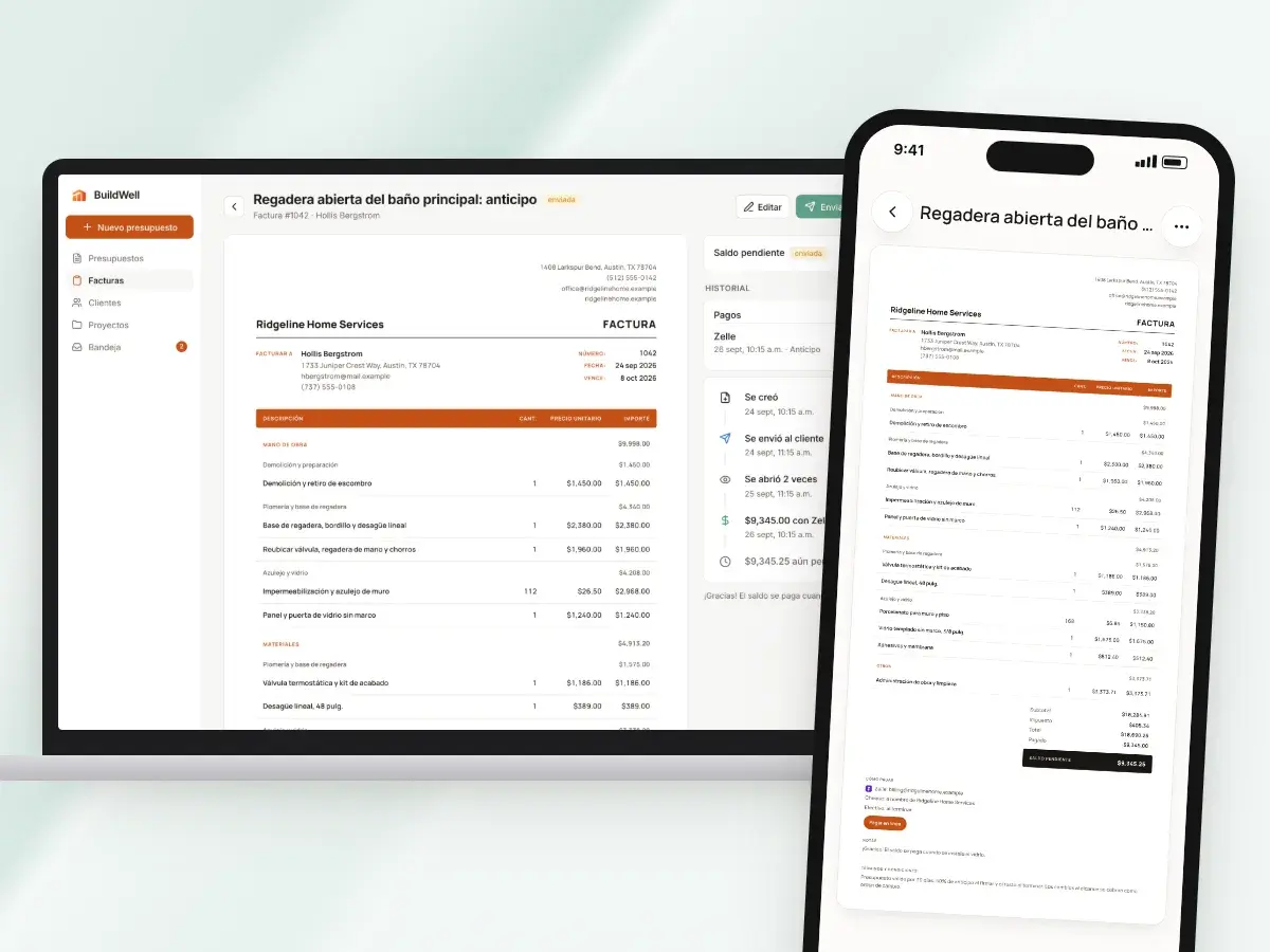 La misma factura en la app web en una laptop y en un teléfono