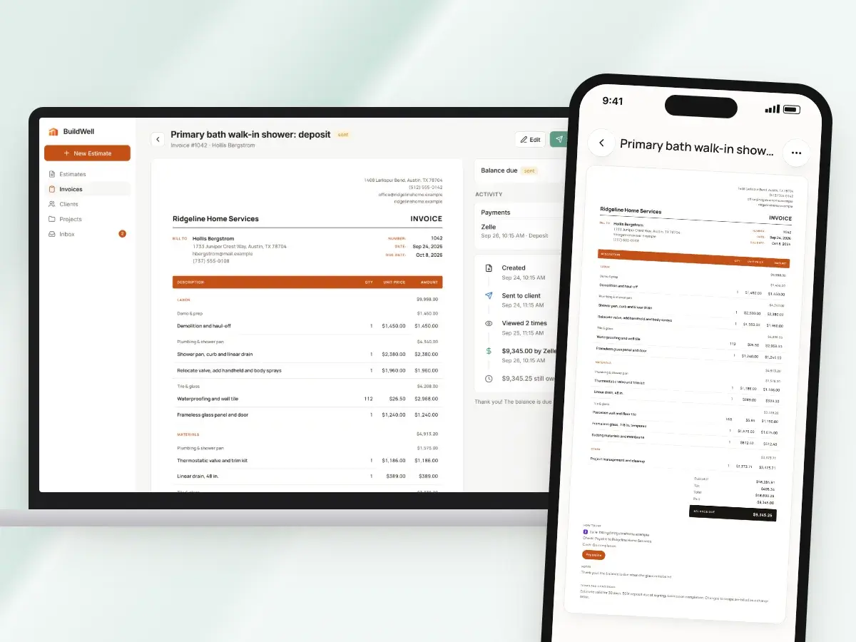 The same invoice in the web app on a laptop and on a phone