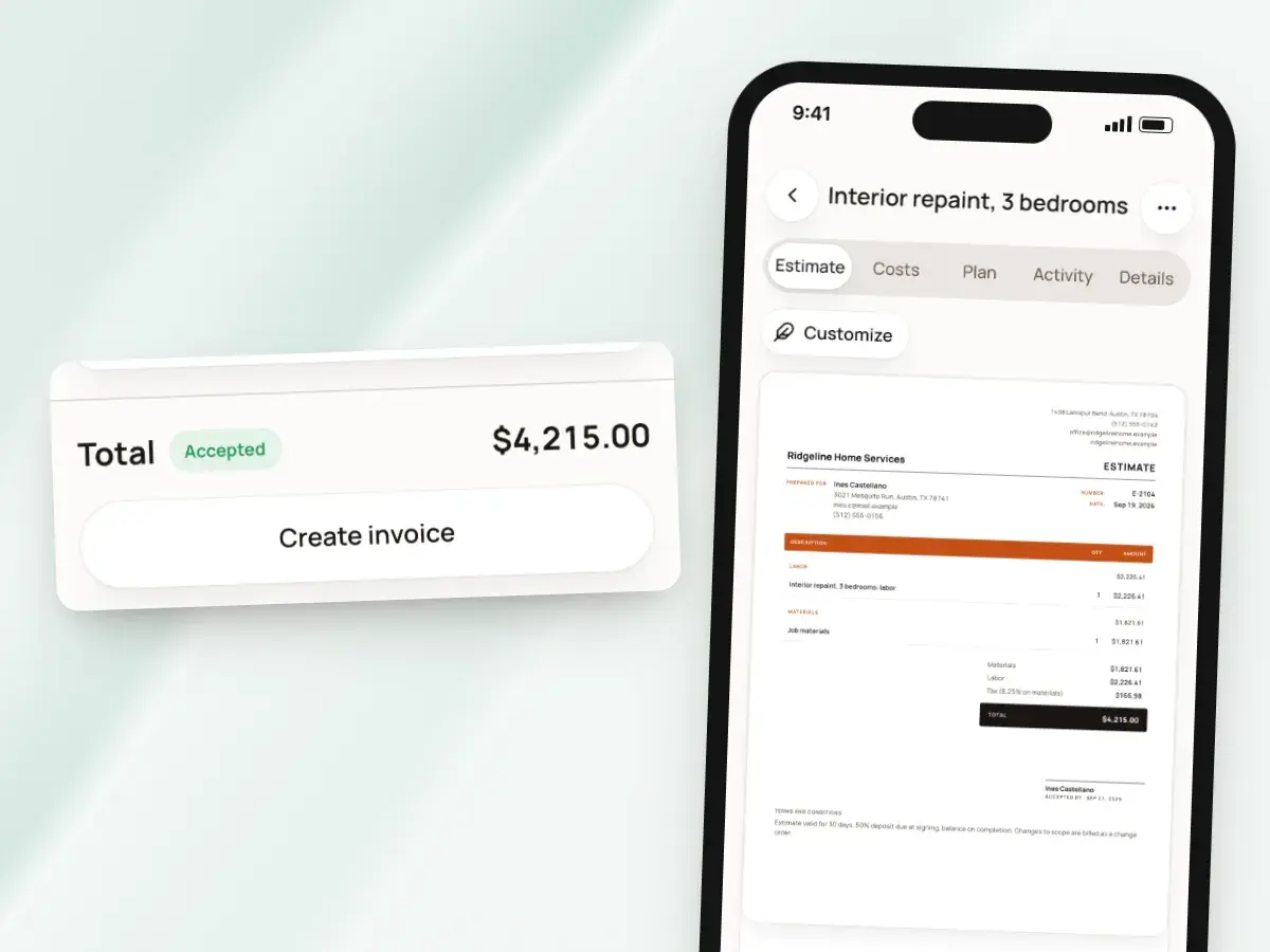 An accepted estimate on a phone with its total and the Create invoice button