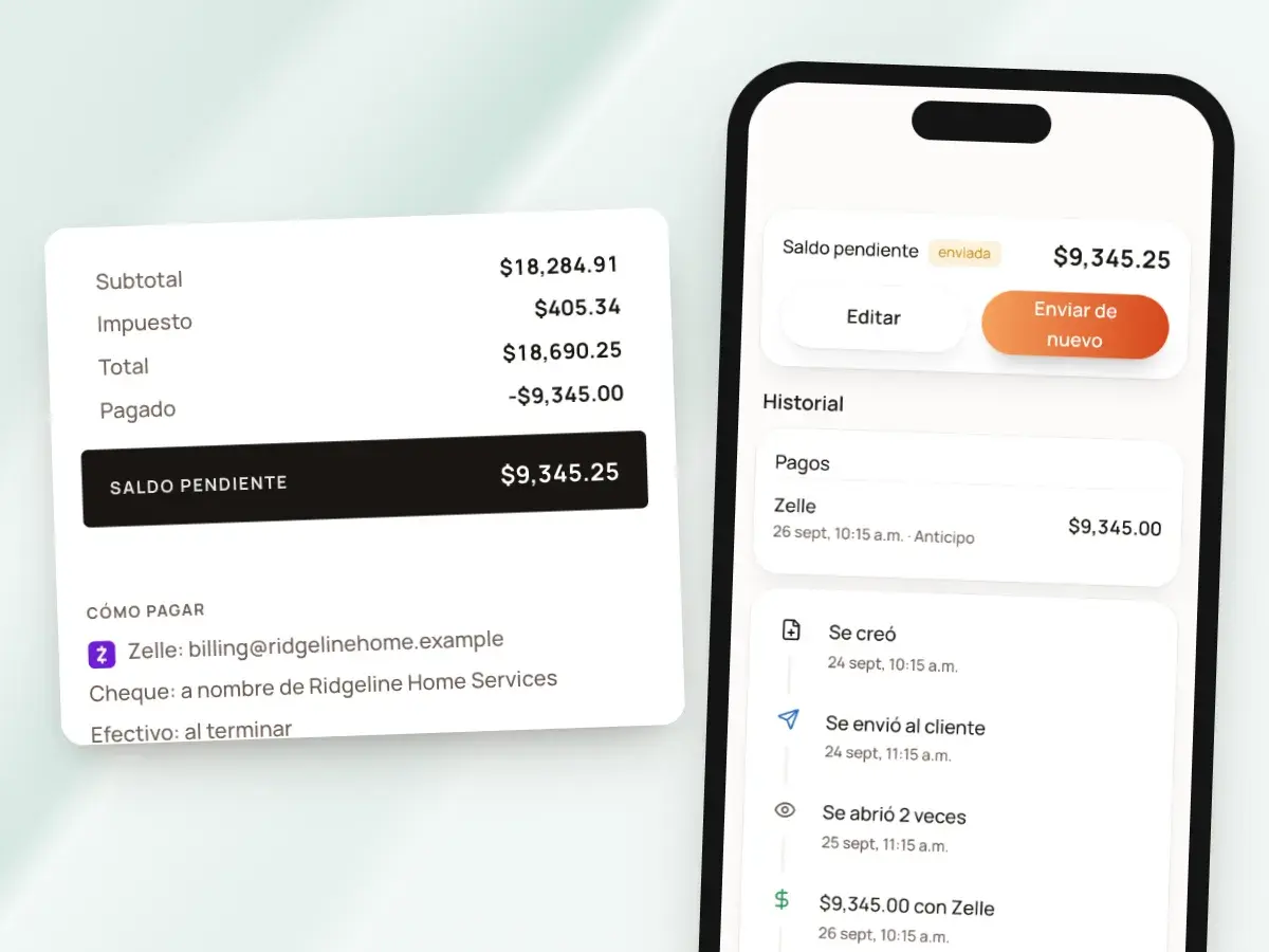 Los totales de una factura con el anticipo pagado y el saldo pendiente, junto a sus pagos en un teléfono