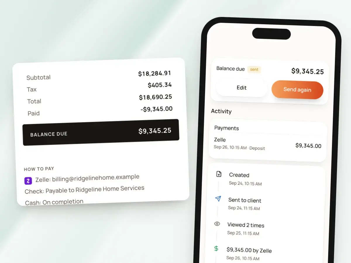 An invoice’s totals with the deposit paid and the balance due, beside its payments on a phone