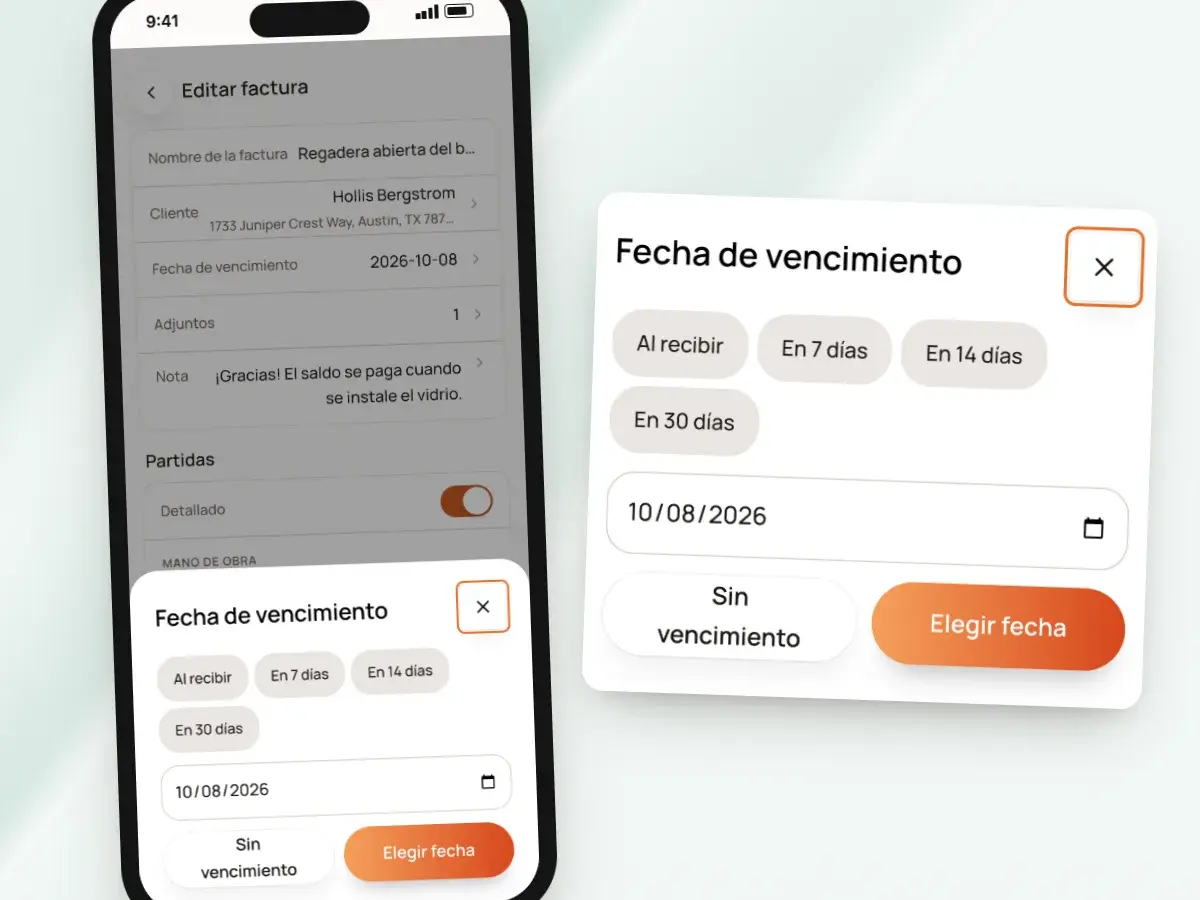 La hoja de fecha de vencimiento en un teléfono: al recibir, en 7, 14 o 30 días, o una fecha