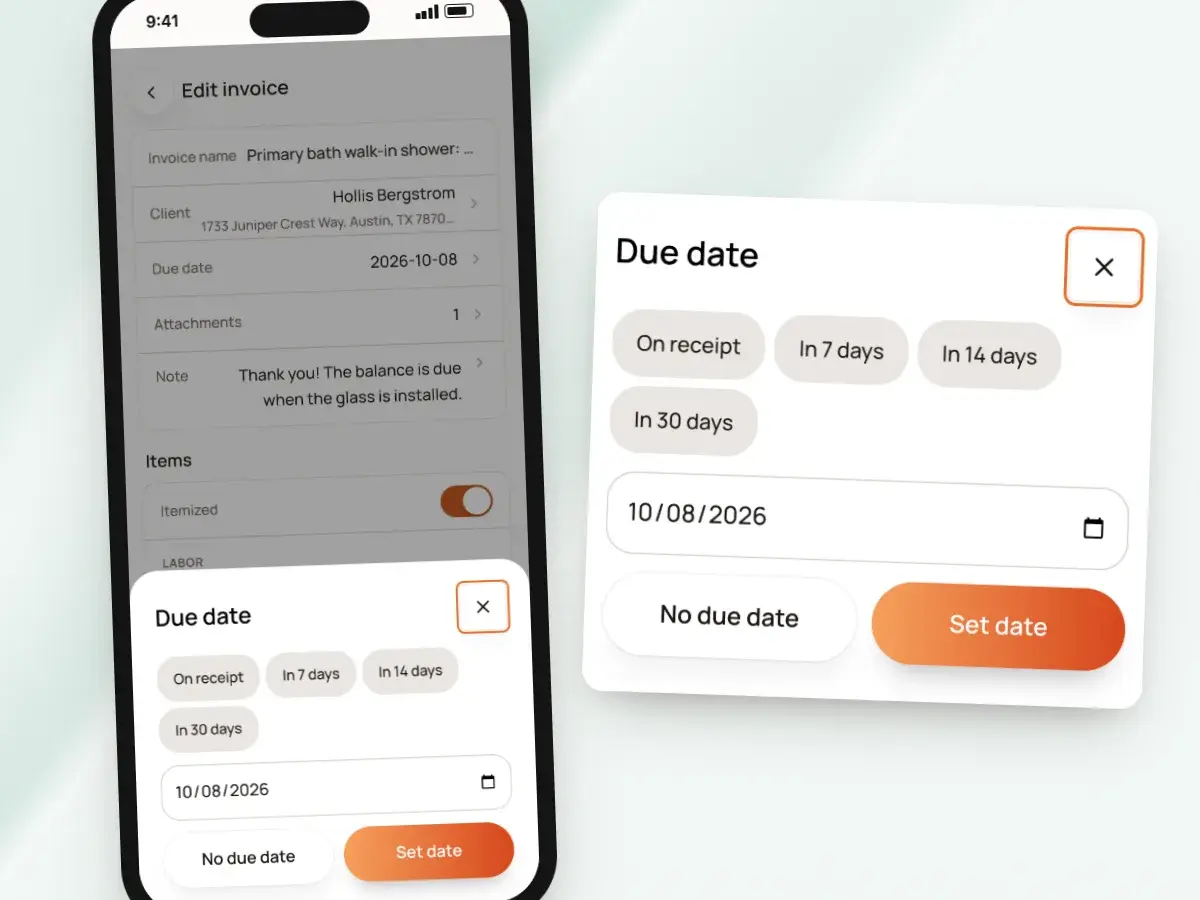 The due date sheet on a phone: on receipt, in 7, 14 or 30 days, or a date