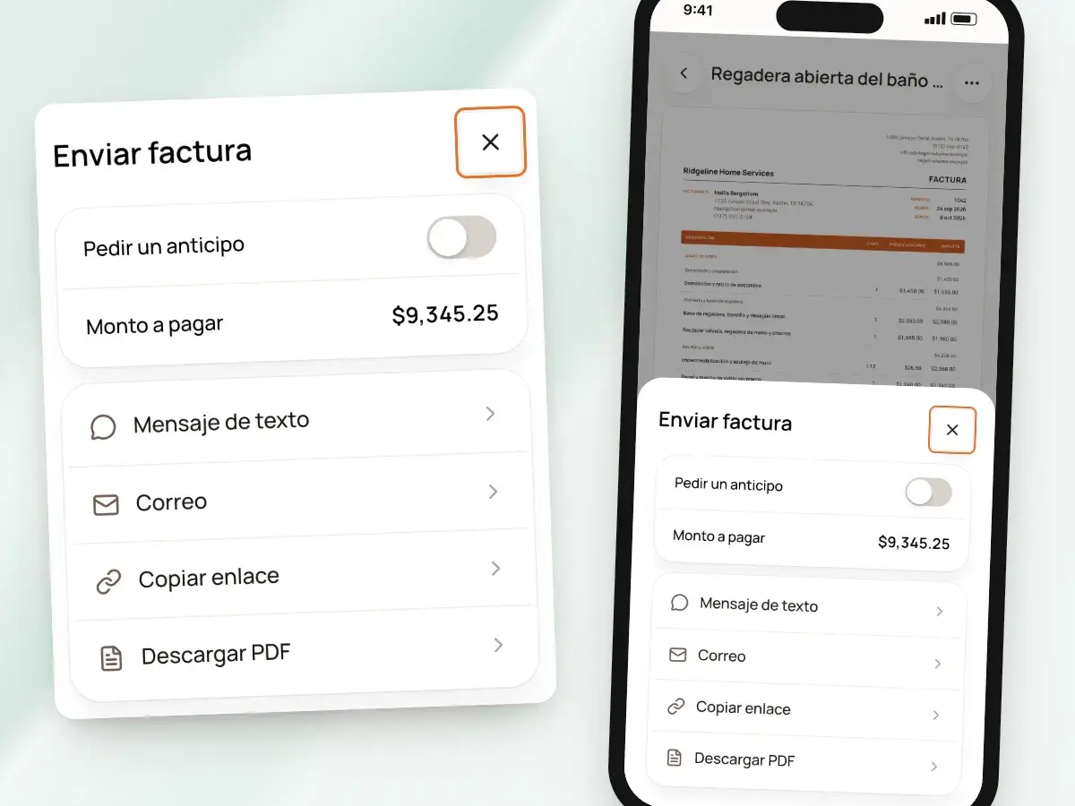 La hoja Enviar factura en un teléfono: pedir un anticipo y luego mensaje de texto, correo, copiar enlace o PDF