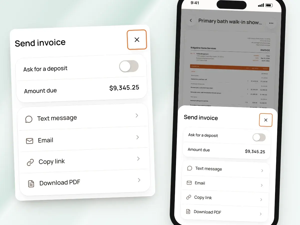 The Send invoice sheet on a phone: ask for a deposit, then text message, email, copy link or PDF