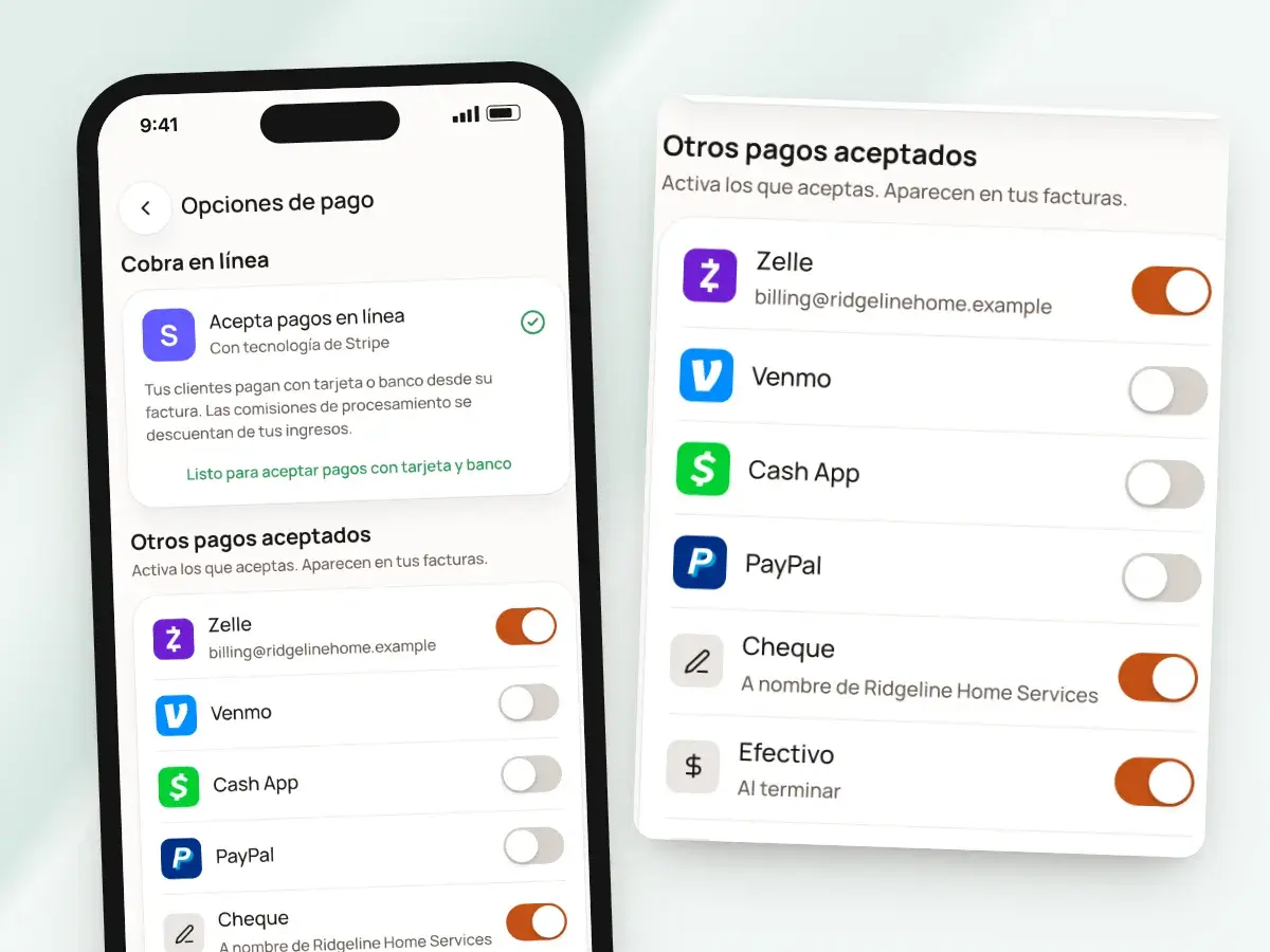 Opciones de pago en un teléfono: pagos en línea con Stripe y los otros métodos aceptados, como Zelle, cheque y efectivo