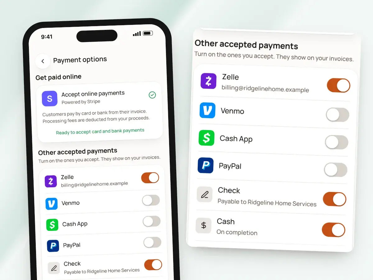 Payment options on a phone: online payments through Stripe and the other methods accepted, such as Zelle, check and cash