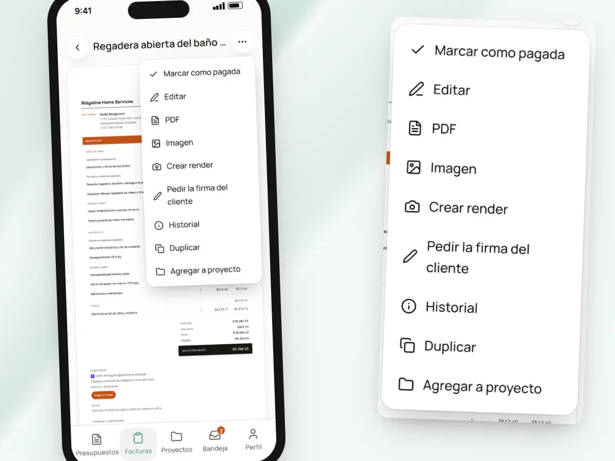 El menú de una factura en un teléfono: marcar como pagada, editar, PDF, pedir la firma del cliente y más