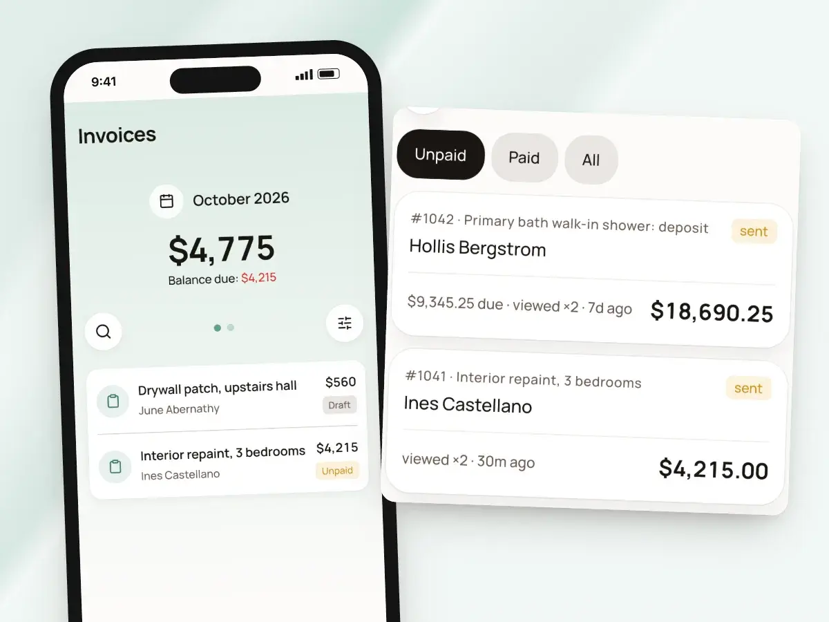 The invoices screen on a phone with the month’s total and balance due, beside unpaid invoices and what’s due on each