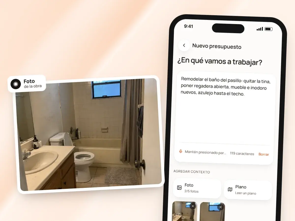 Una foto de la obra de un baño anticuado, junto a la pantalla de presupuesto nuevo con fotos agregadas