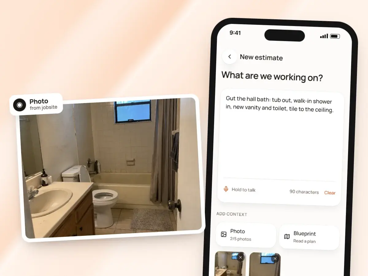 A jobsite photo of a dated bathroom, beside the new estimate screen with photos added