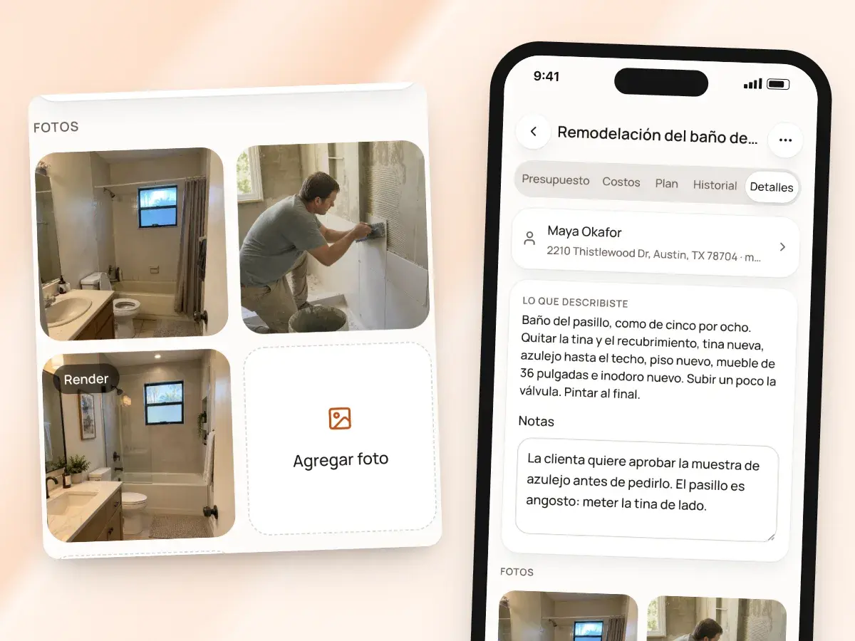Las fotos de referencia de un presupuesto en un teléfono, con un render entre ellas