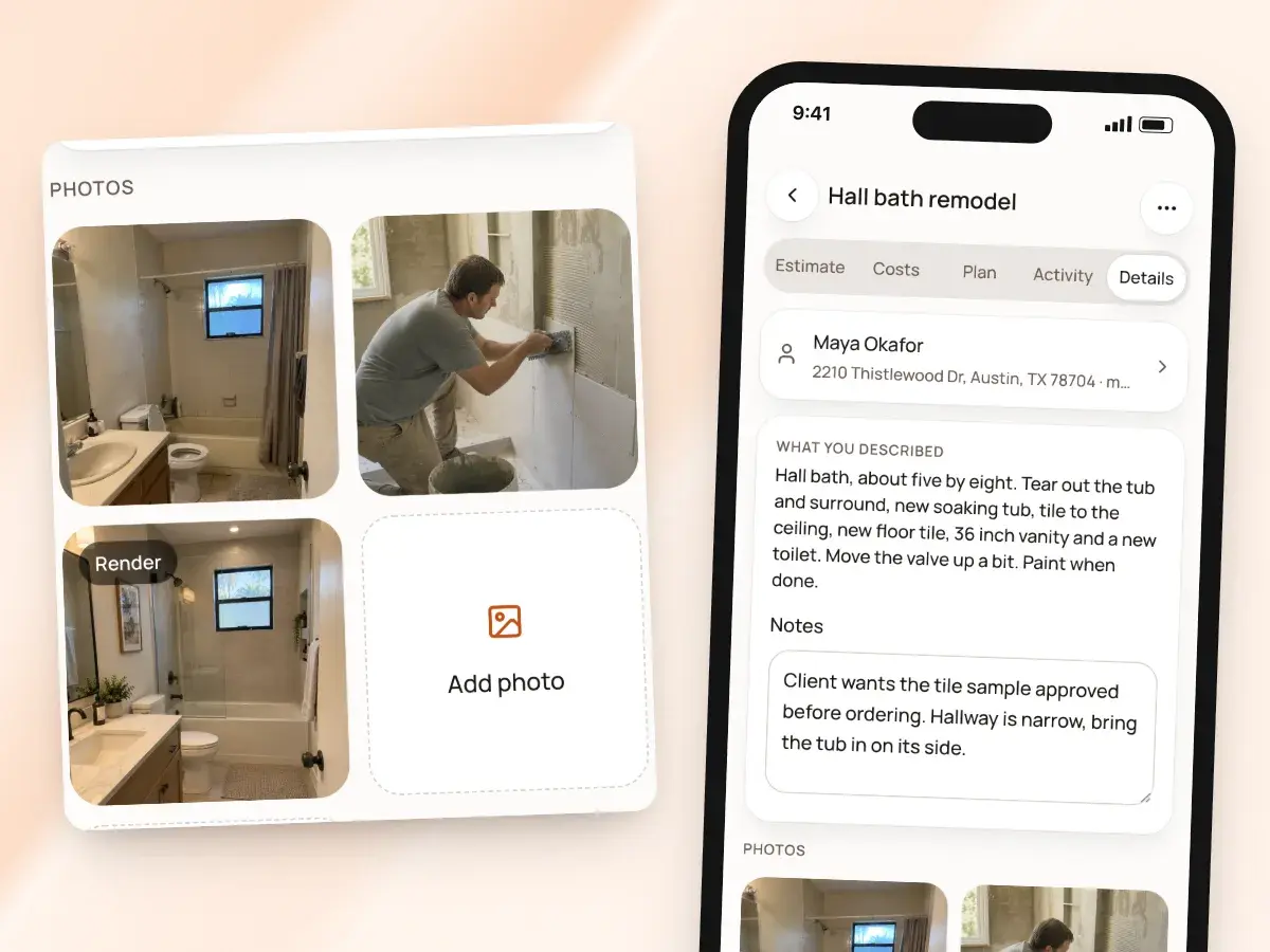 An estimate’s reference photos on a phone, with a render among them