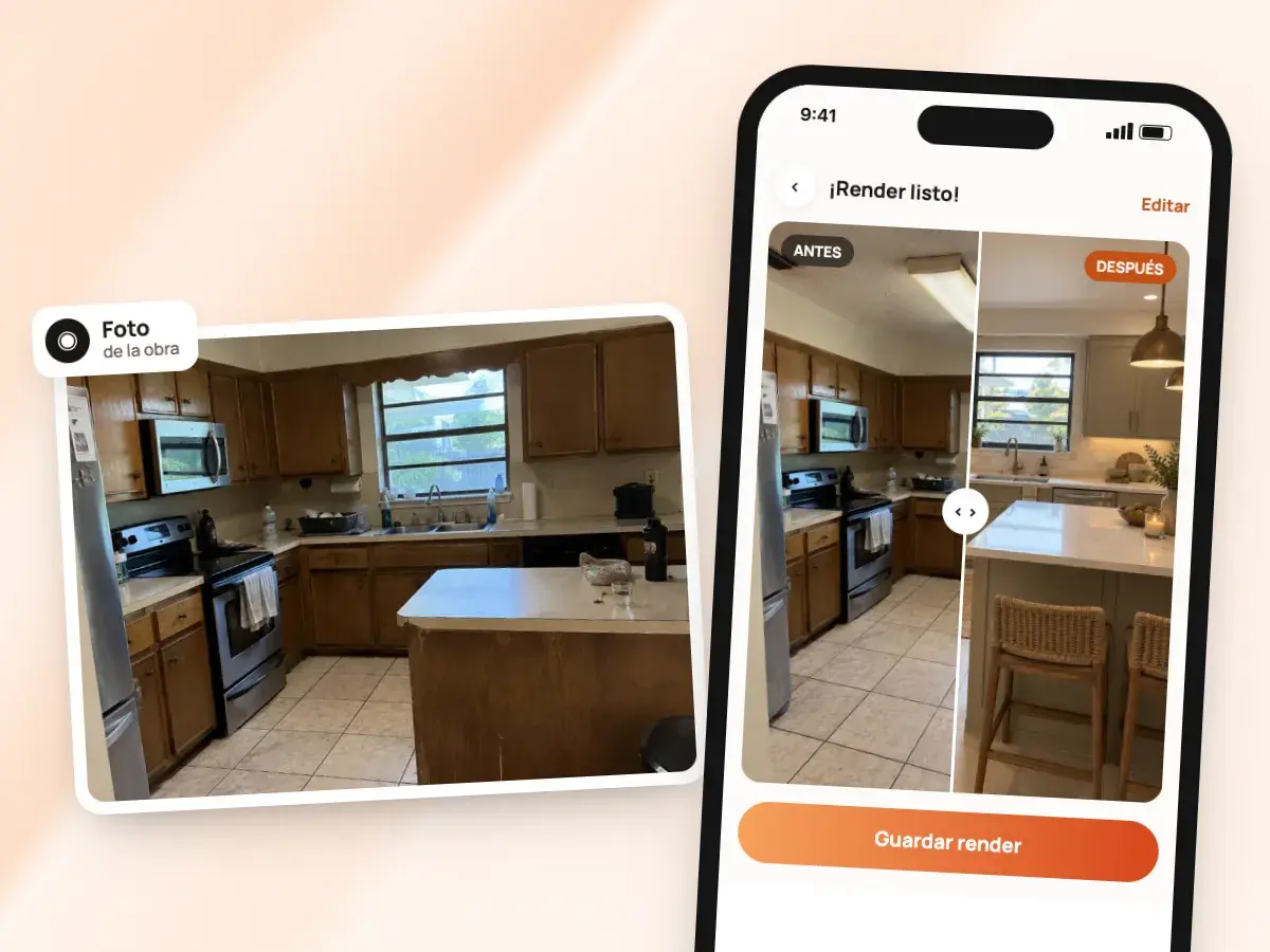 Una foto de una cocina como está, y el render de la cocina terminada en un teléfono