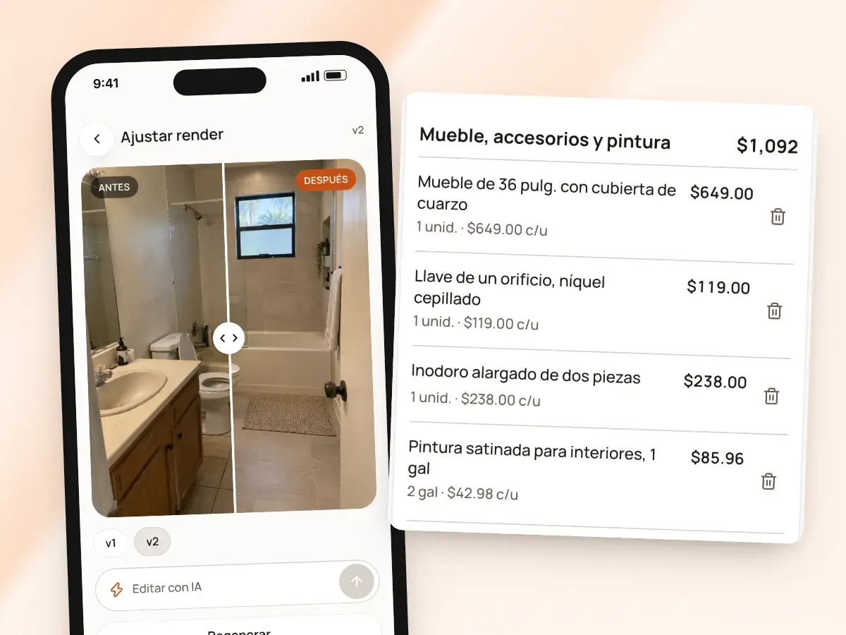 Un render de baño en un teléfono, junto a las partidas del mueble, la llave, el inodoro y la pintura del presupuesto