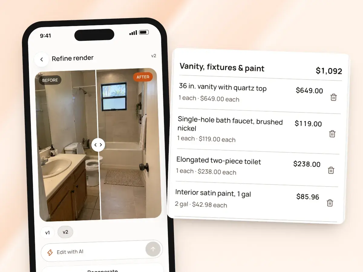 A bathroom render on a phone, beside the estimate’s vanity, faucet, toilet and paint lines