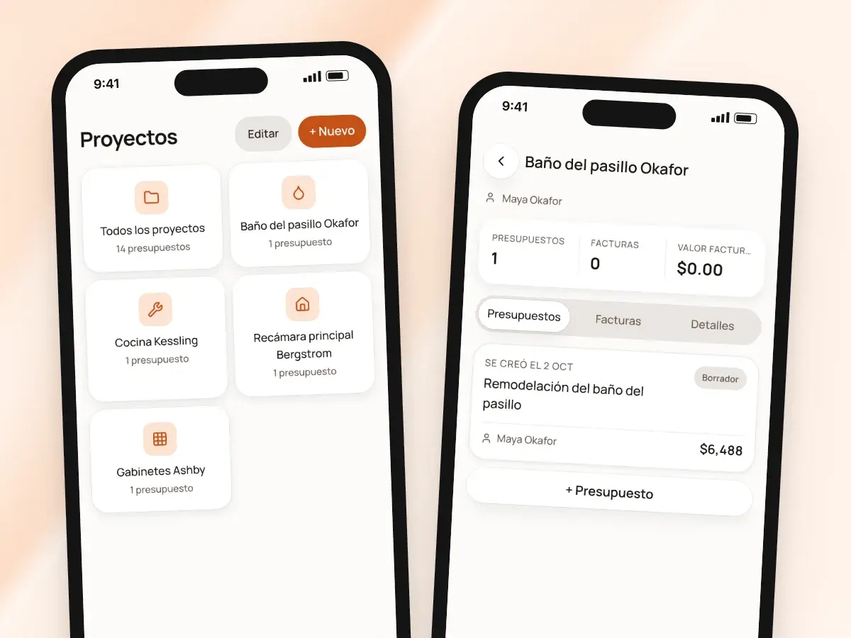 Proyectos en un teléfono, y los presupuestos y facturas de un proyecto