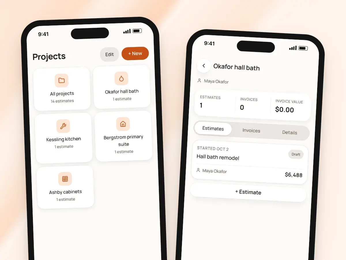 Projects on a phone, and one project’s estimates and invoices