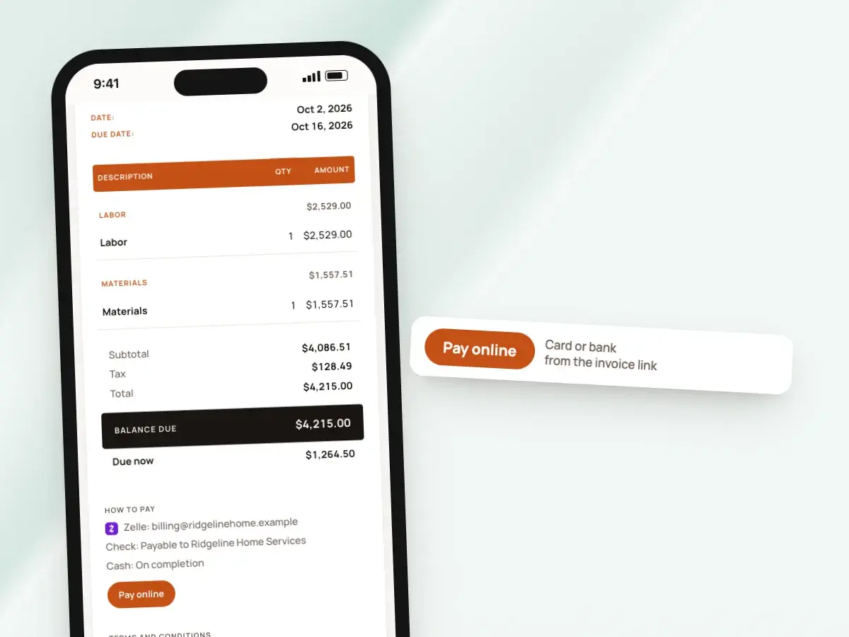 The client’s invoice page on a phone with the amount due now, how to pay and the Pay online button