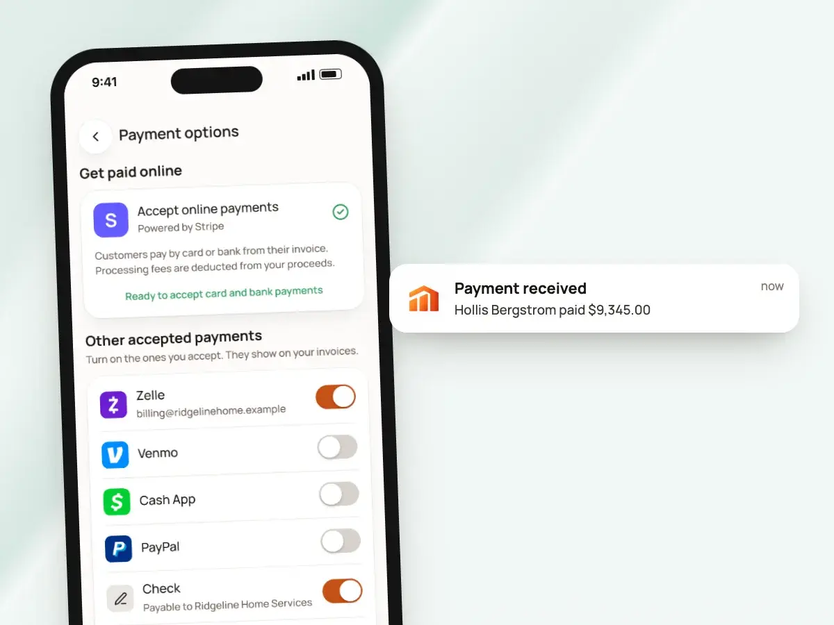 Payment options on a phone with Stripe connected, and a Payment received notification