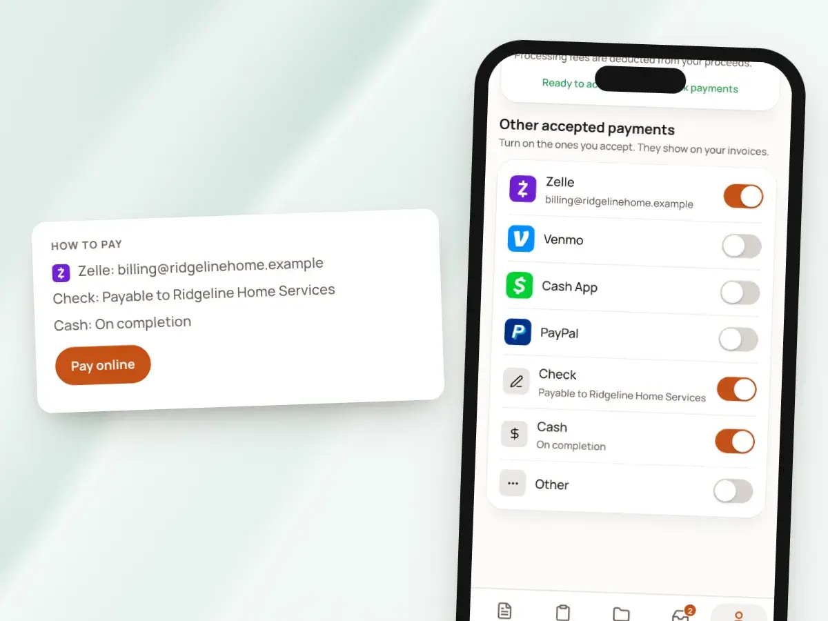 The payment methods turned on in Payment options, and How to pay as it prints on the invoice