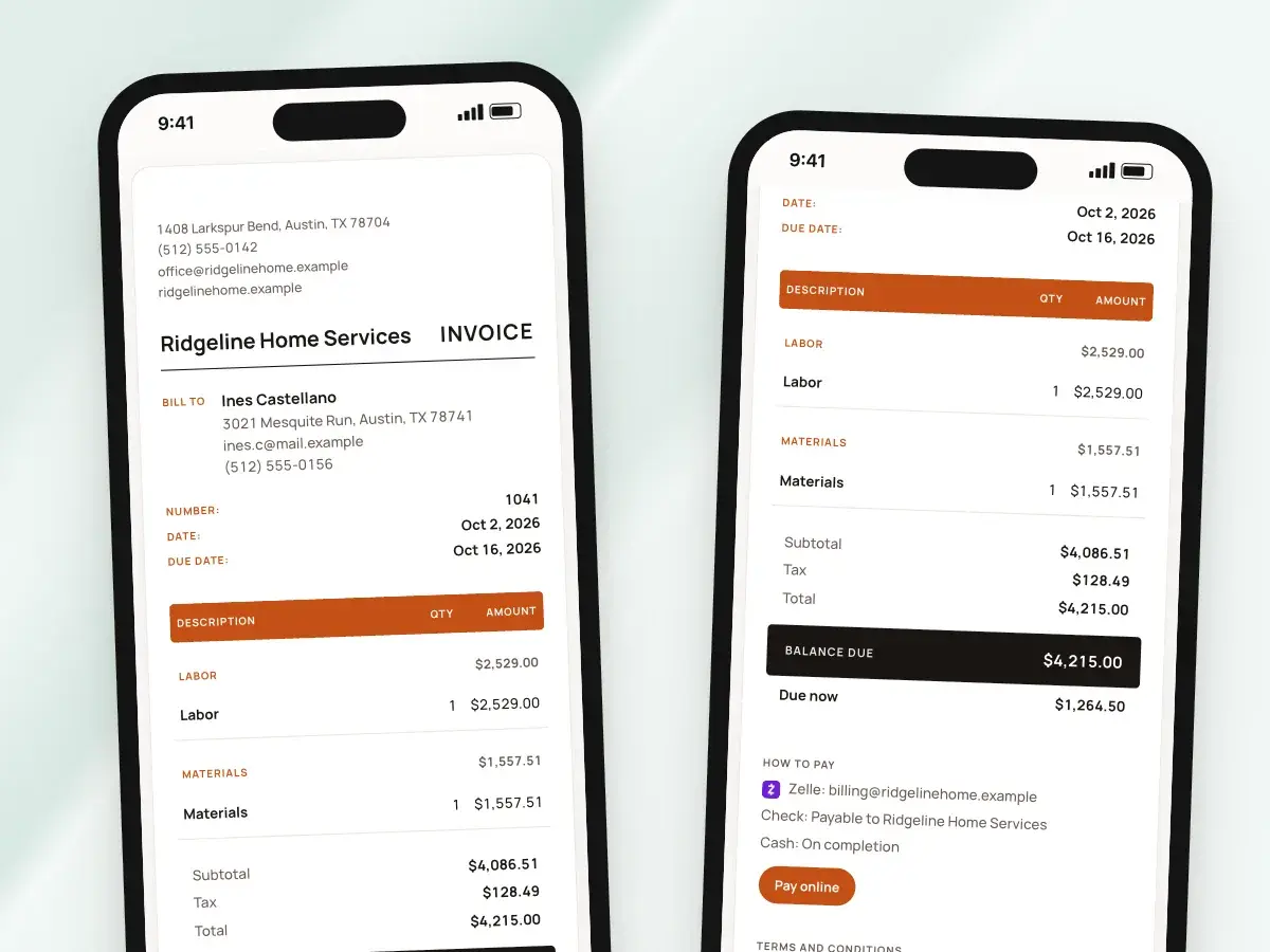 The client’s invoice page on two phones: the invoice from the top, then the amount due and Pay online