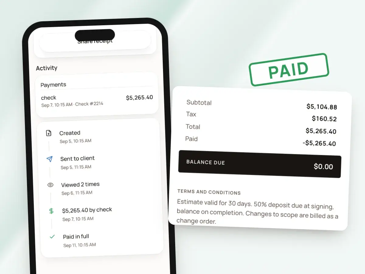 A paid invoice with a PAID stamp and a $0.00 balance due, beside its payment record on a phone